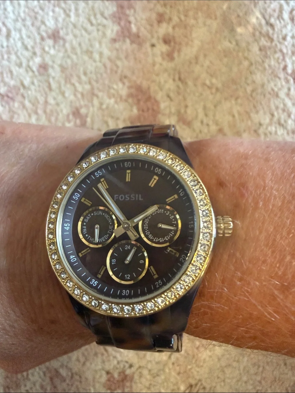 Fossil Women's Tortoiseshell Bracelet Watch with Gold Crystal Bezel